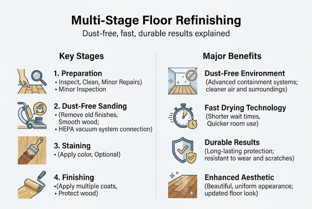 Infographic showing multi-stage refinishing steps and benefits