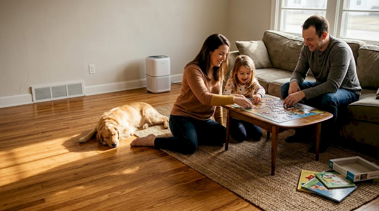 Family enjoying clean wood floor after refinishing