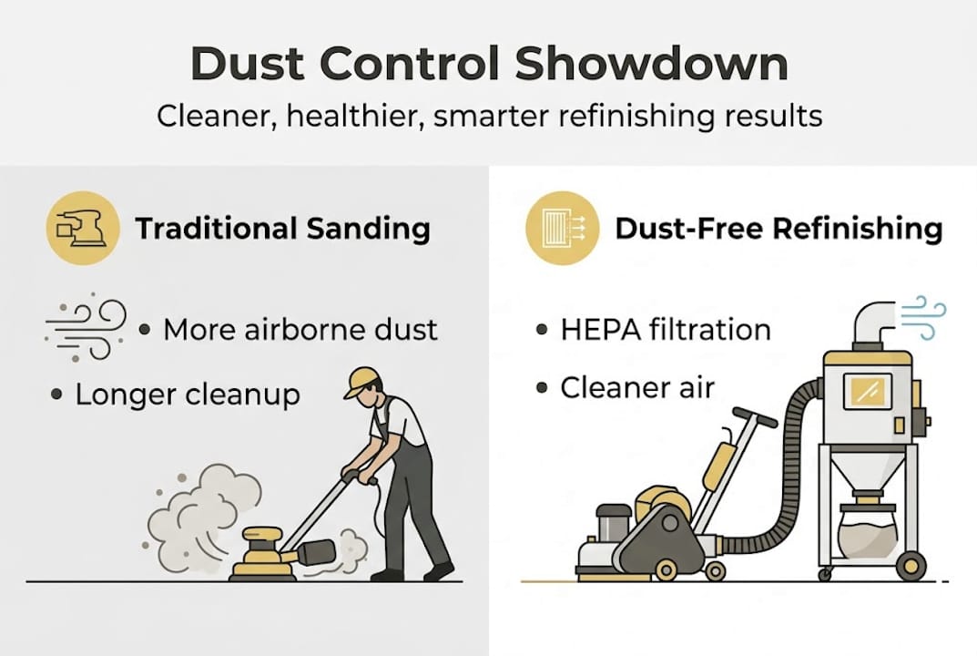 Infographic comparing dust control in floor refinishing
