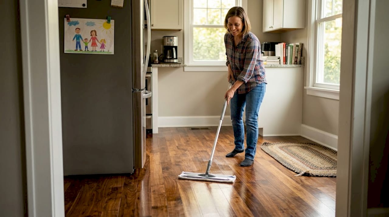 Woman mops refinished floor in kitchen