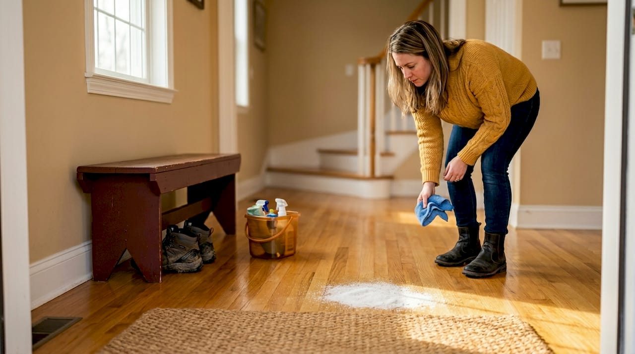 Homeowner inspecting just-buffed wood floor