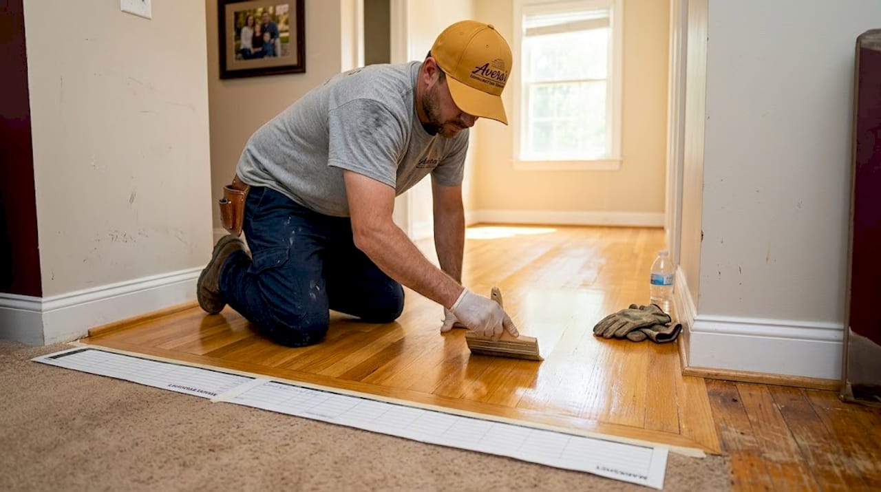 Worker applying sealant to hardwood flooring