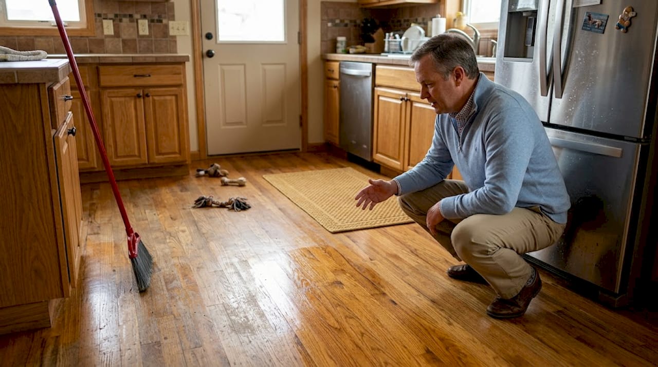 Homeowner comparing buffed and sanded floor