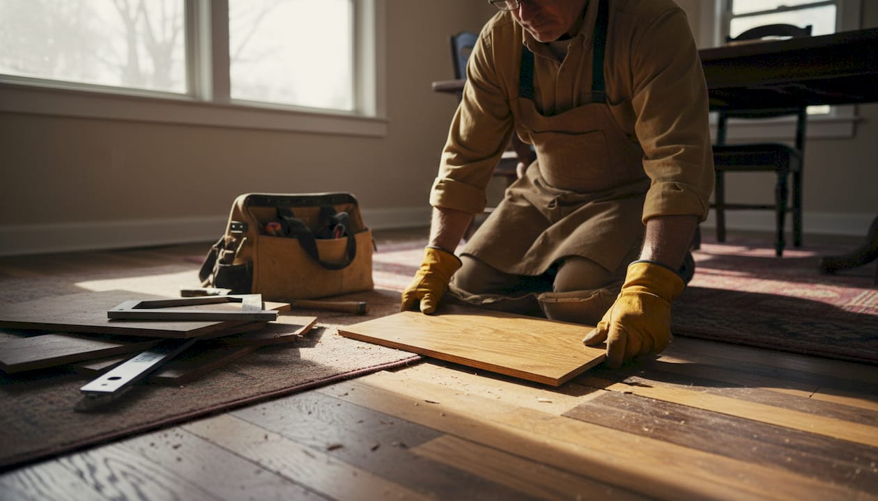 Carpenter repairing antique wood floorboards