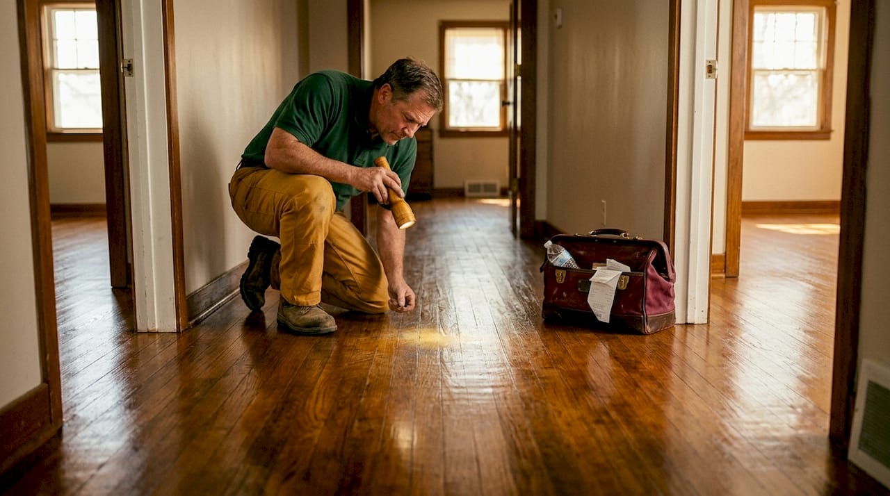 Man inspecting hardwood scratches in hallway