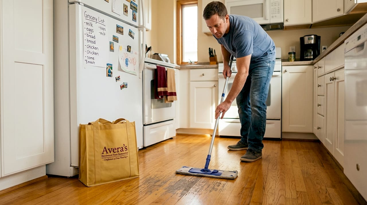 Homeowner mopping kitchen hardwood floor
