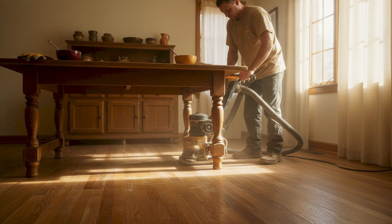 Contractor sanding hardwood with dustless equipment