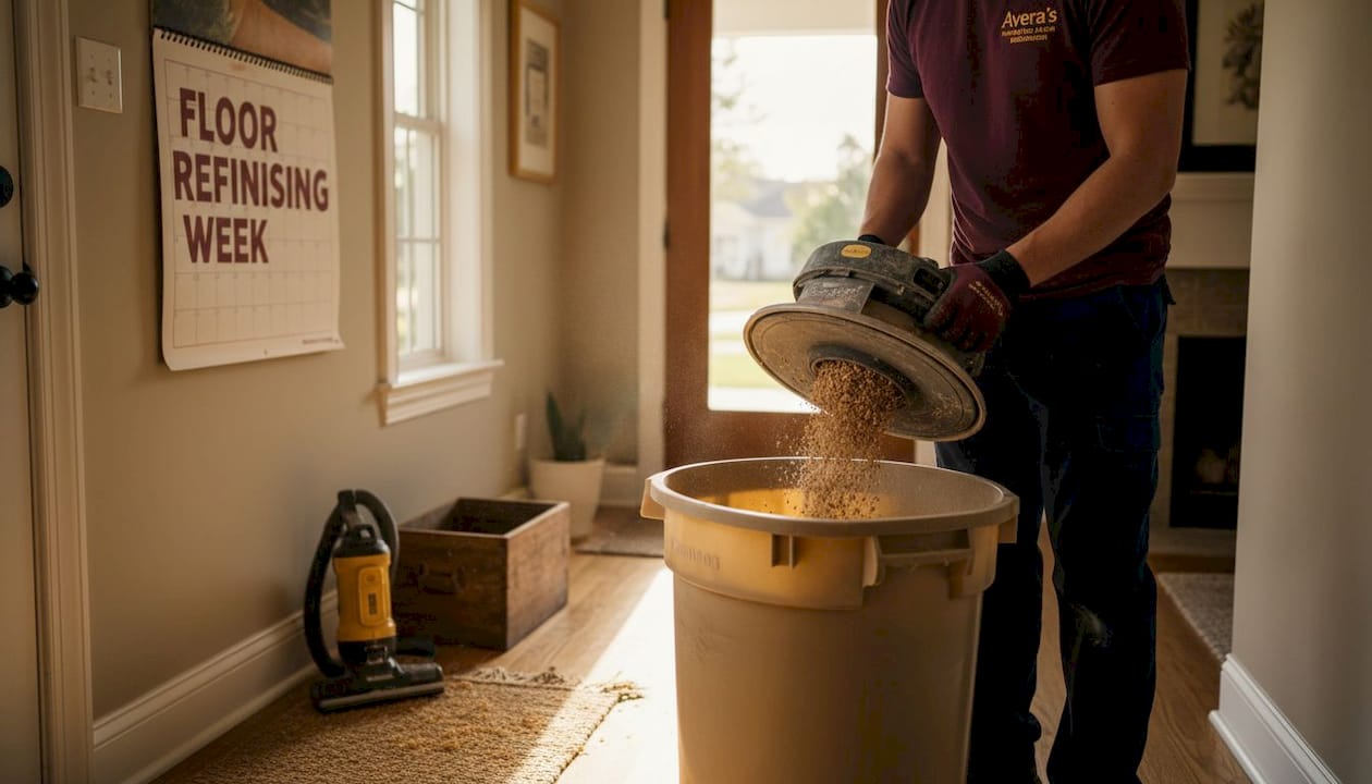 Worker emptying dustless floor sanding equipment