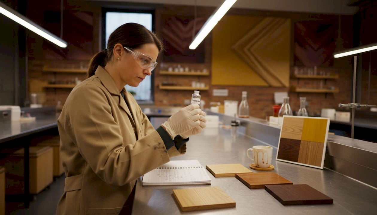 Chemist testing hardwood floor finish materials