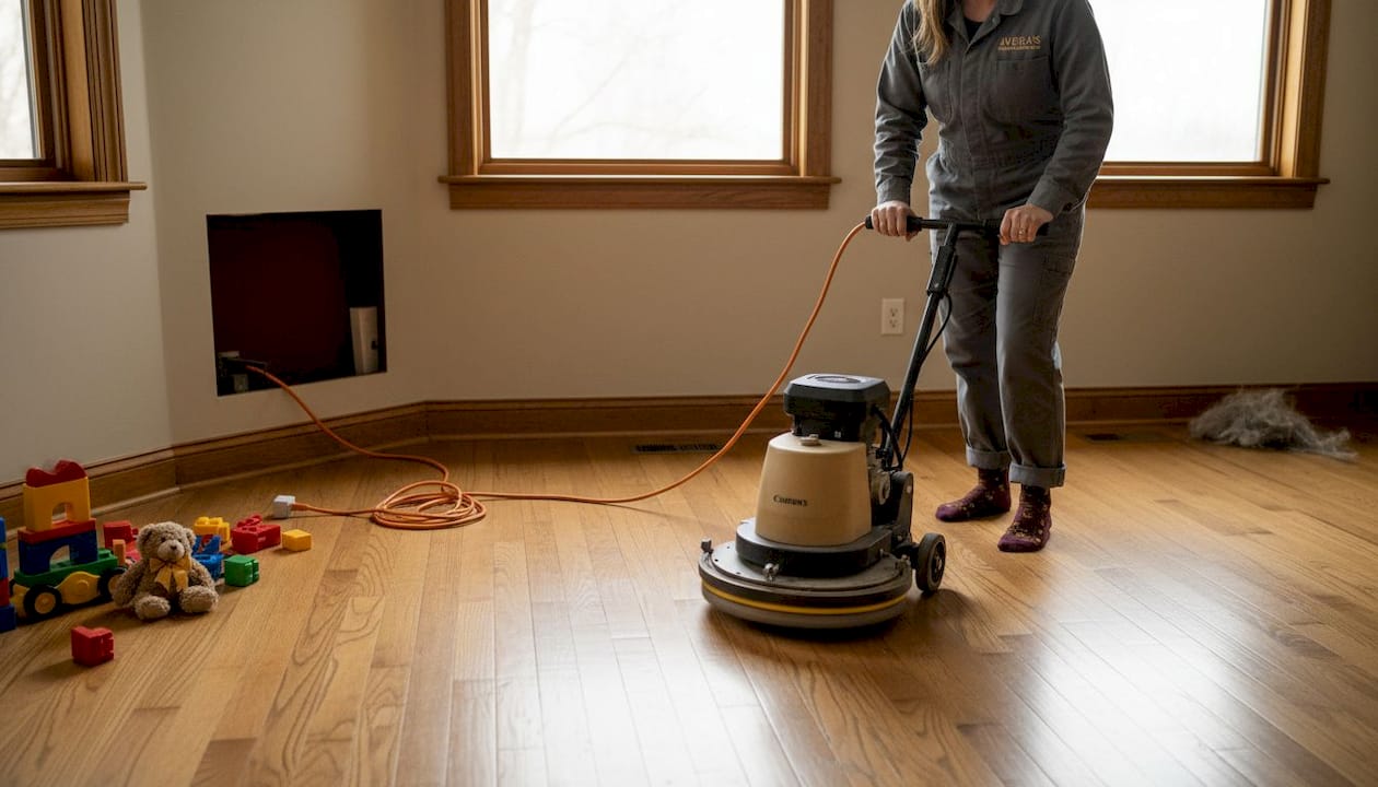 Technician using buffer for floor screening