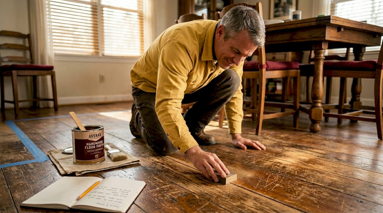 Homeowner sanding edge of antique hardwood floor