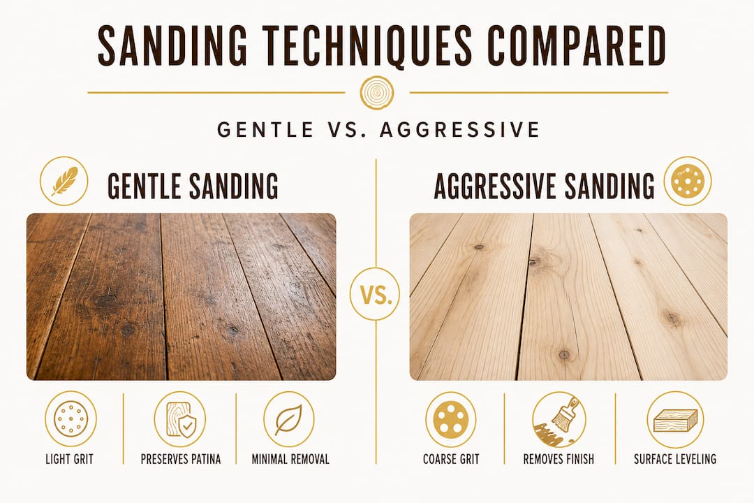 Infographic comparing gentle and aggressive sanding techniques