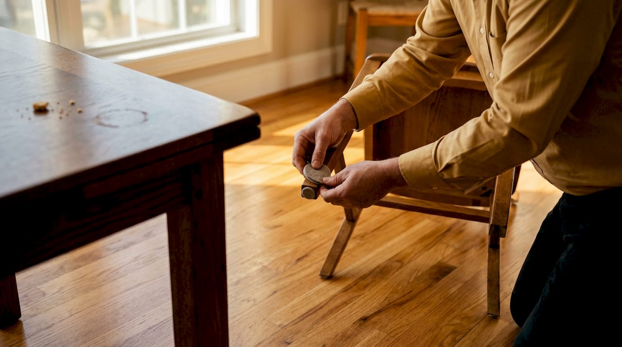 Hands attaching felt pads to protect hardwood floor