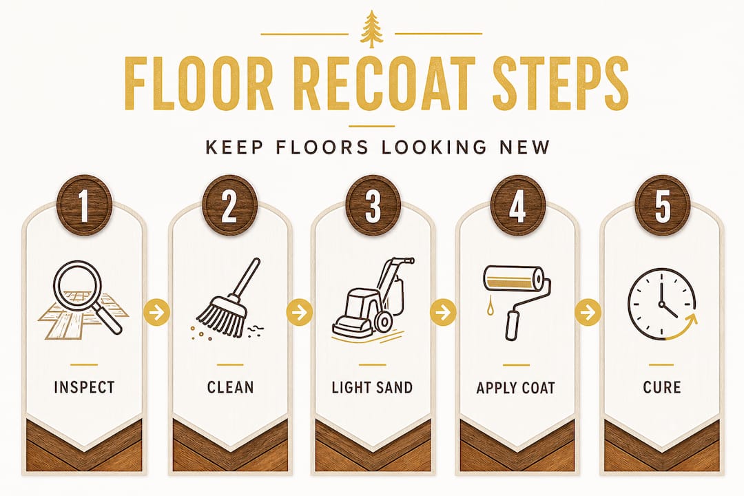Infographic showing steps to recoat hardwood floors
