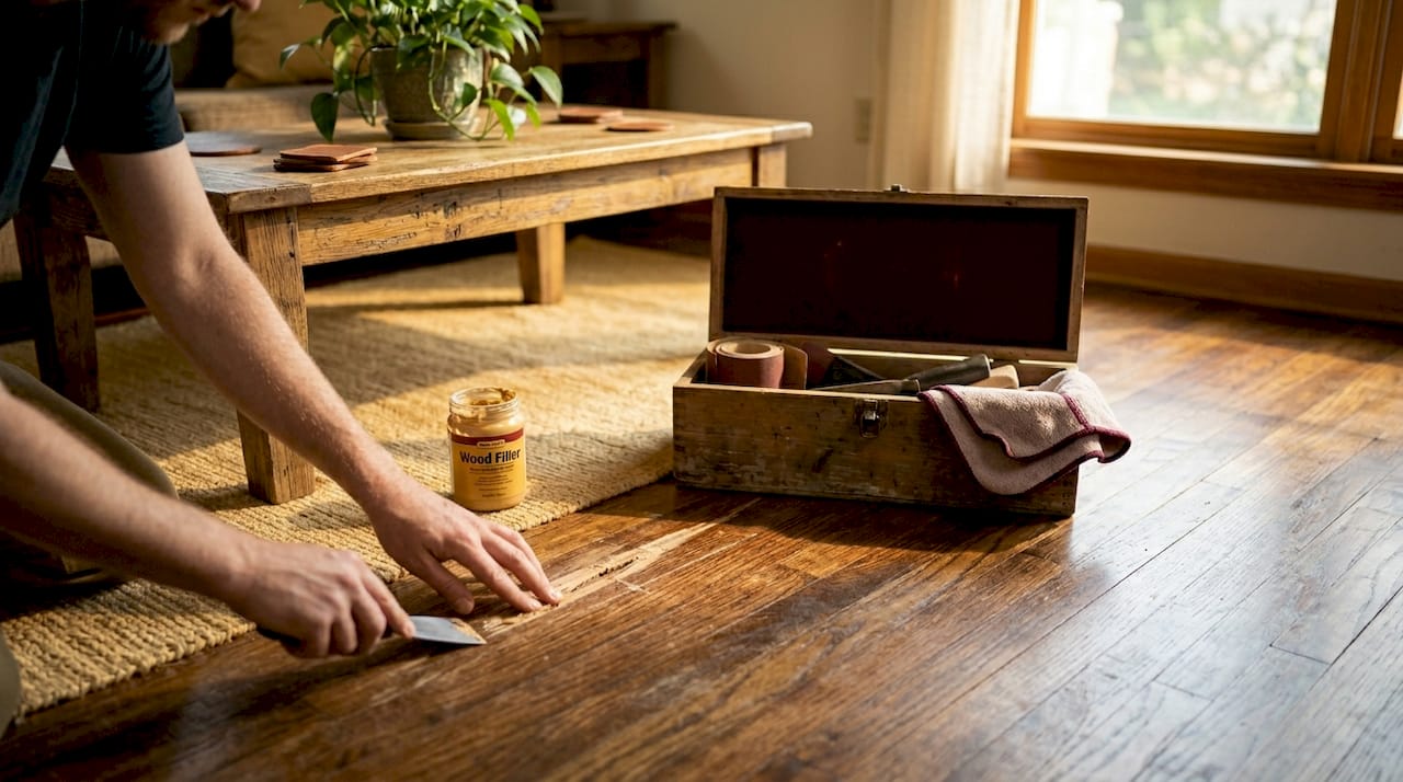 Hands repairing scratched hardwood floor