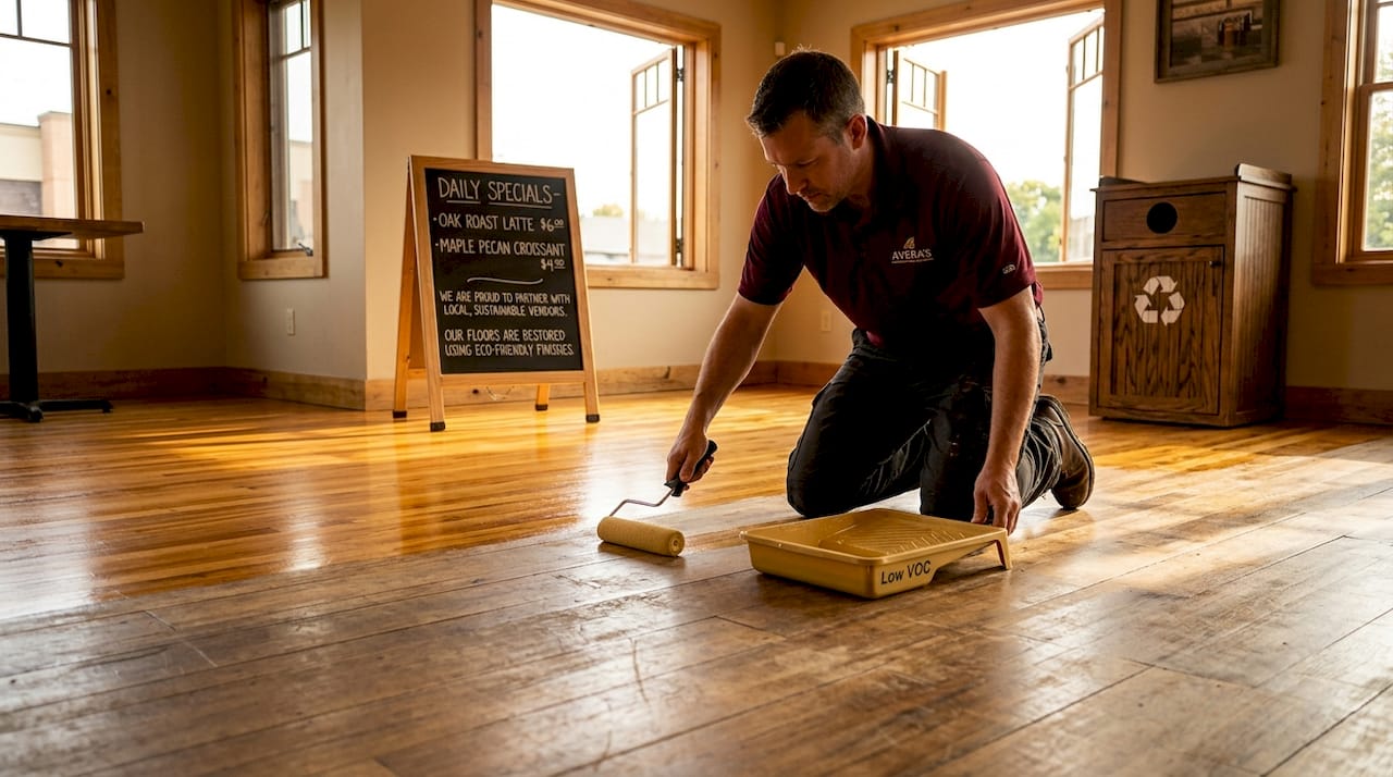 Worker applying sustainable hardwood floor finish