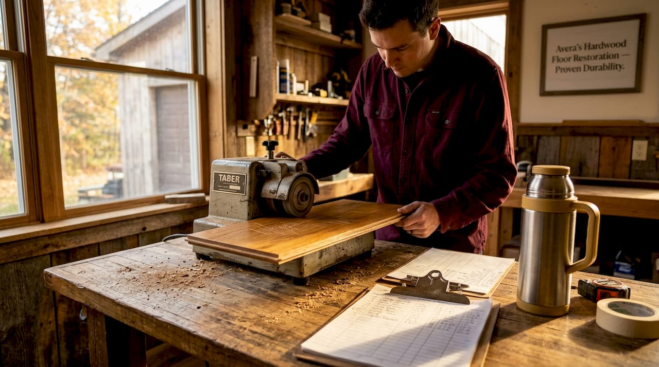 Technician testing wood floor abrasion resistance