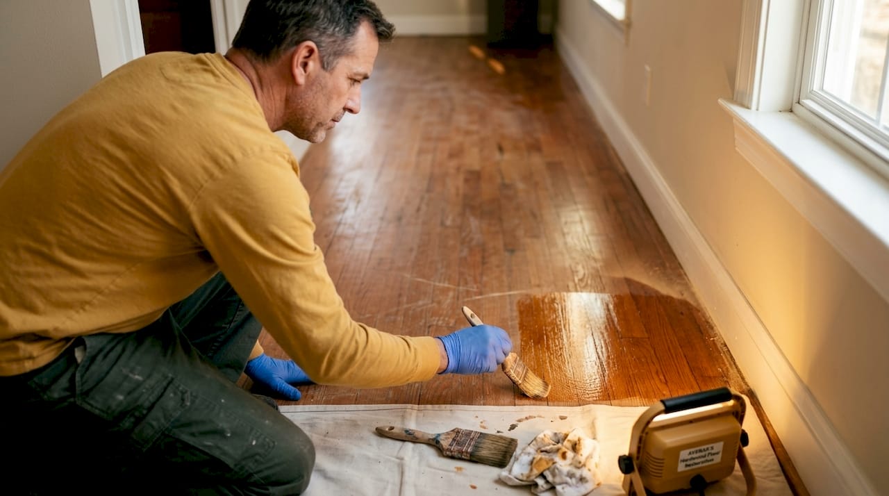 Man testing polyurethane on hardwood floor