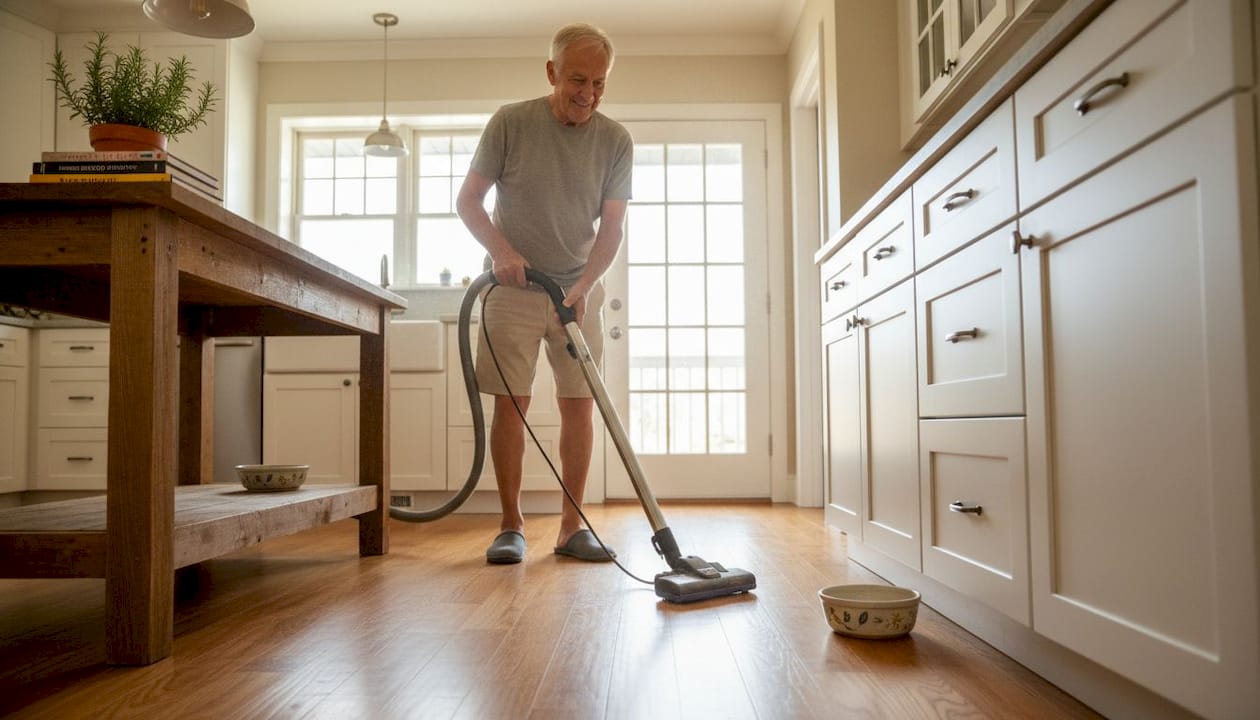 Man vacuuming hardwood kitchen floor