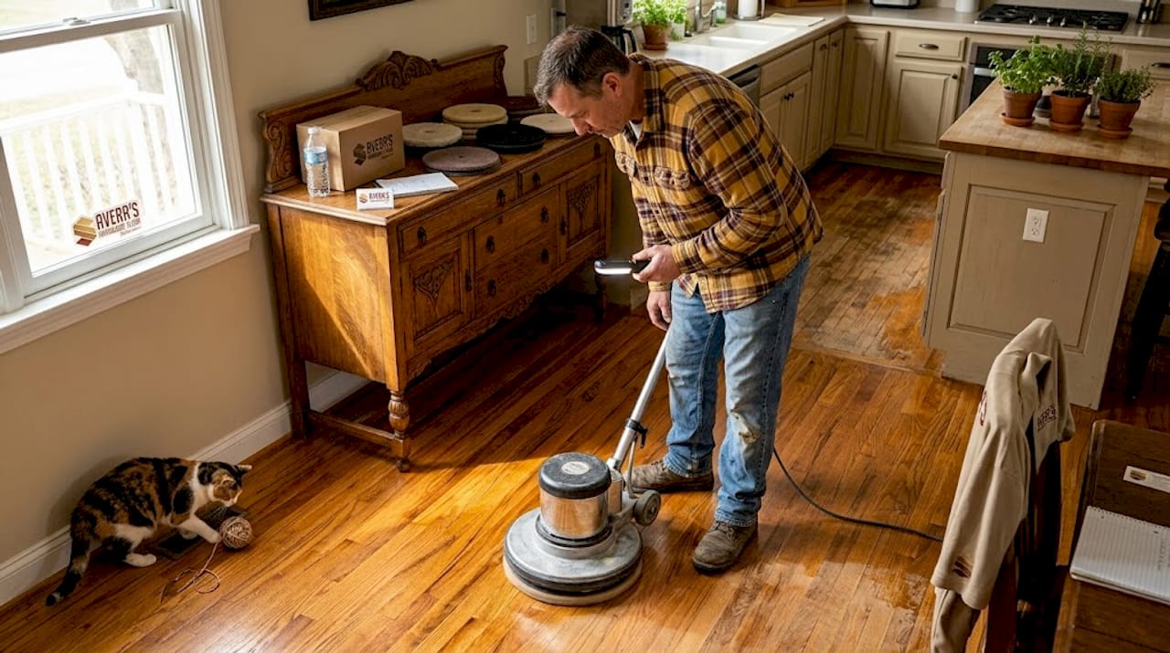 Worker preparing hardwood floor for recoating