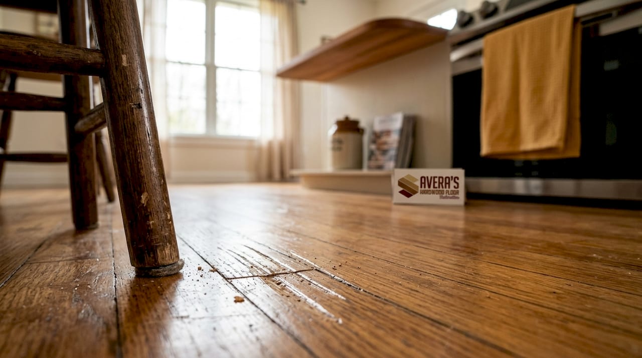 Closeup of scratched hardwood floor and chair leg