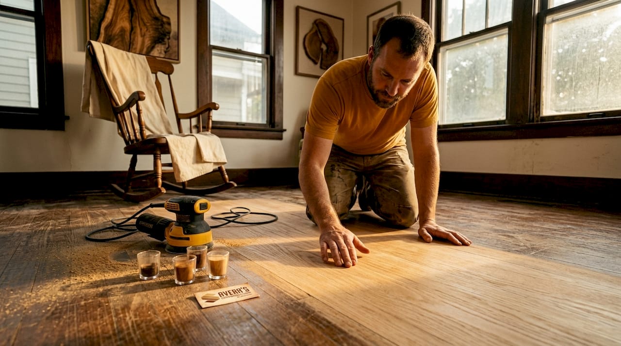 Homeowner inspecting sanded white oak floor