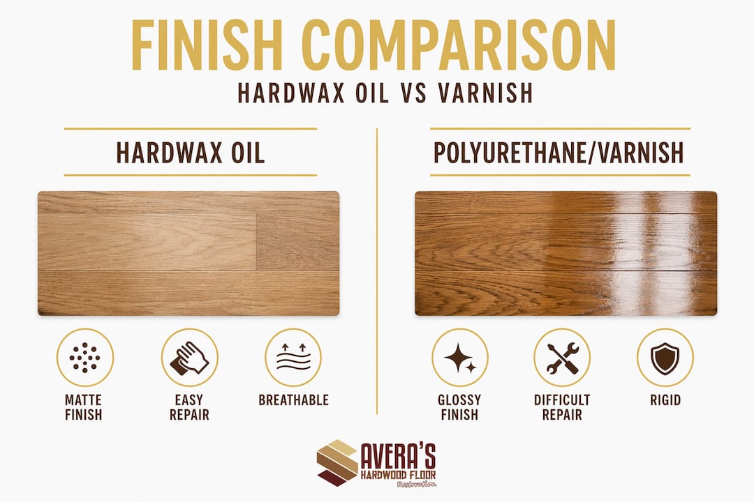 Infographic comparing hardwax oil to varnish features
