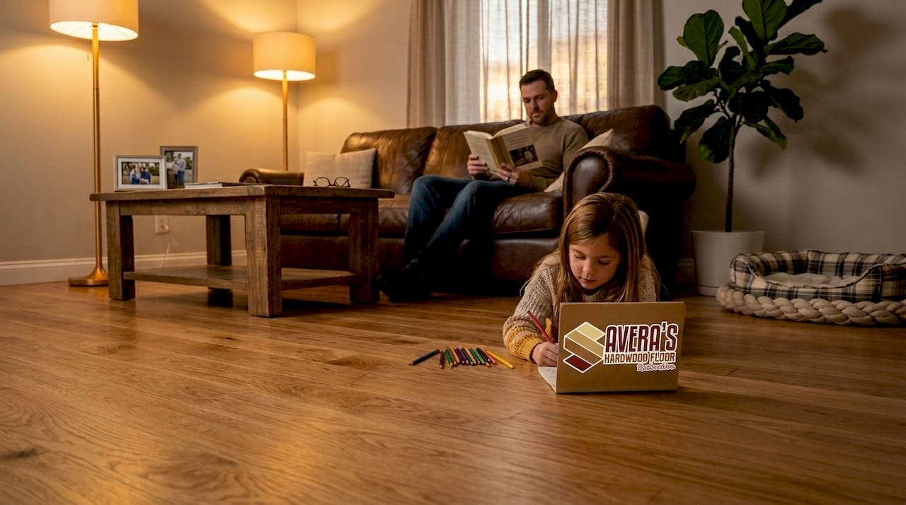 Family relaxes on newly refinished wood floor