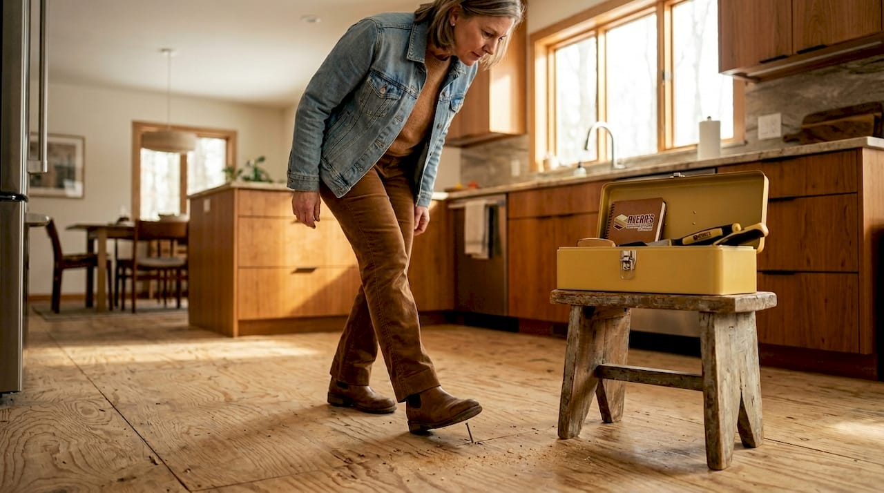 Homeowner inspecting plywood subfloor for issues