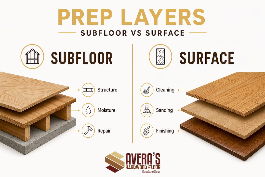 Infographic comparing subfloor and surface prep steps