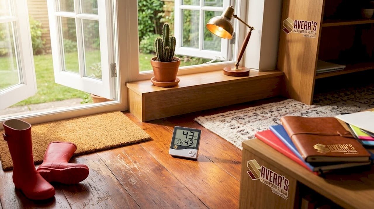Hygrometer and mat on hardwood near entry