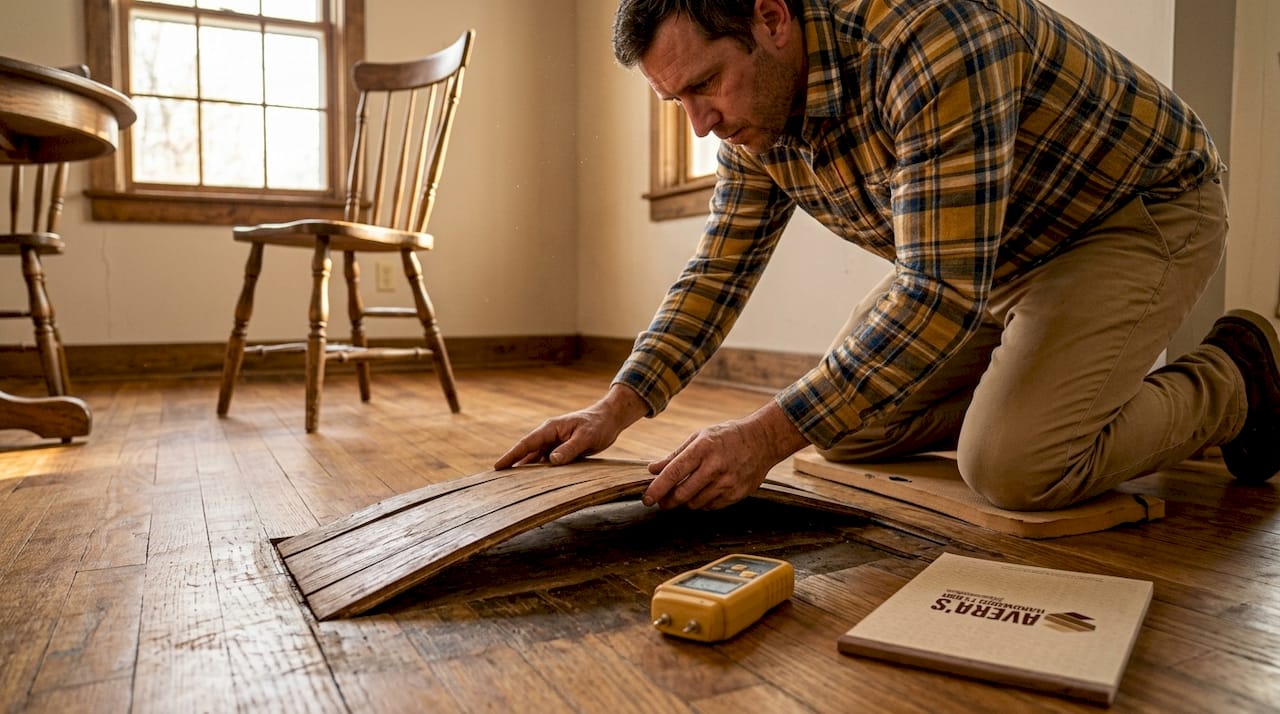 Specialist checking hardwood floor buckling