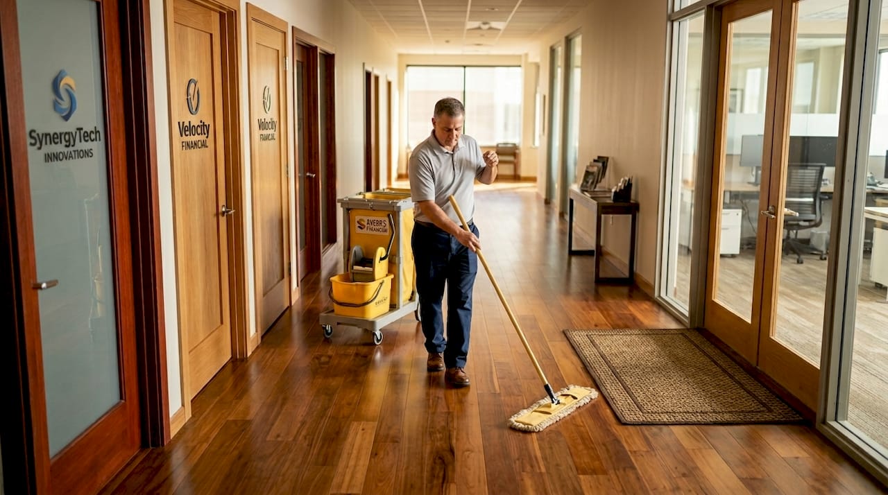 Janitor dust mops high-traffic office corridor