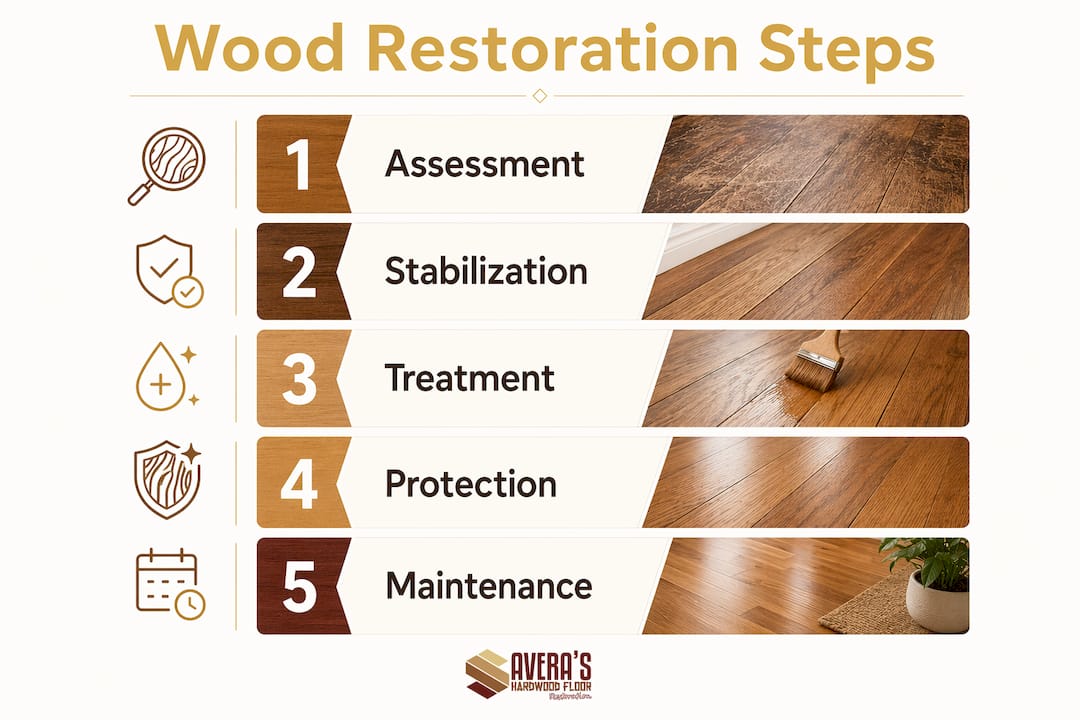 Infographic illustrating five key steps of wood restoration process