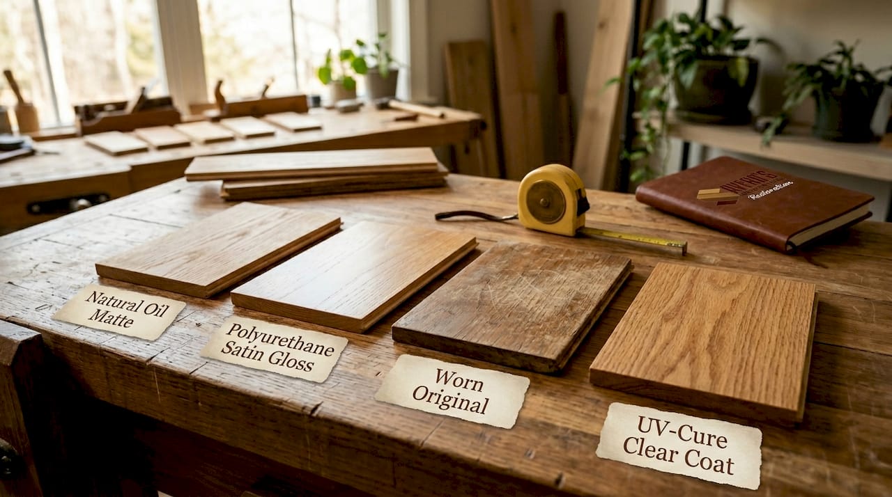 Close-up of various hardwood floor finish types