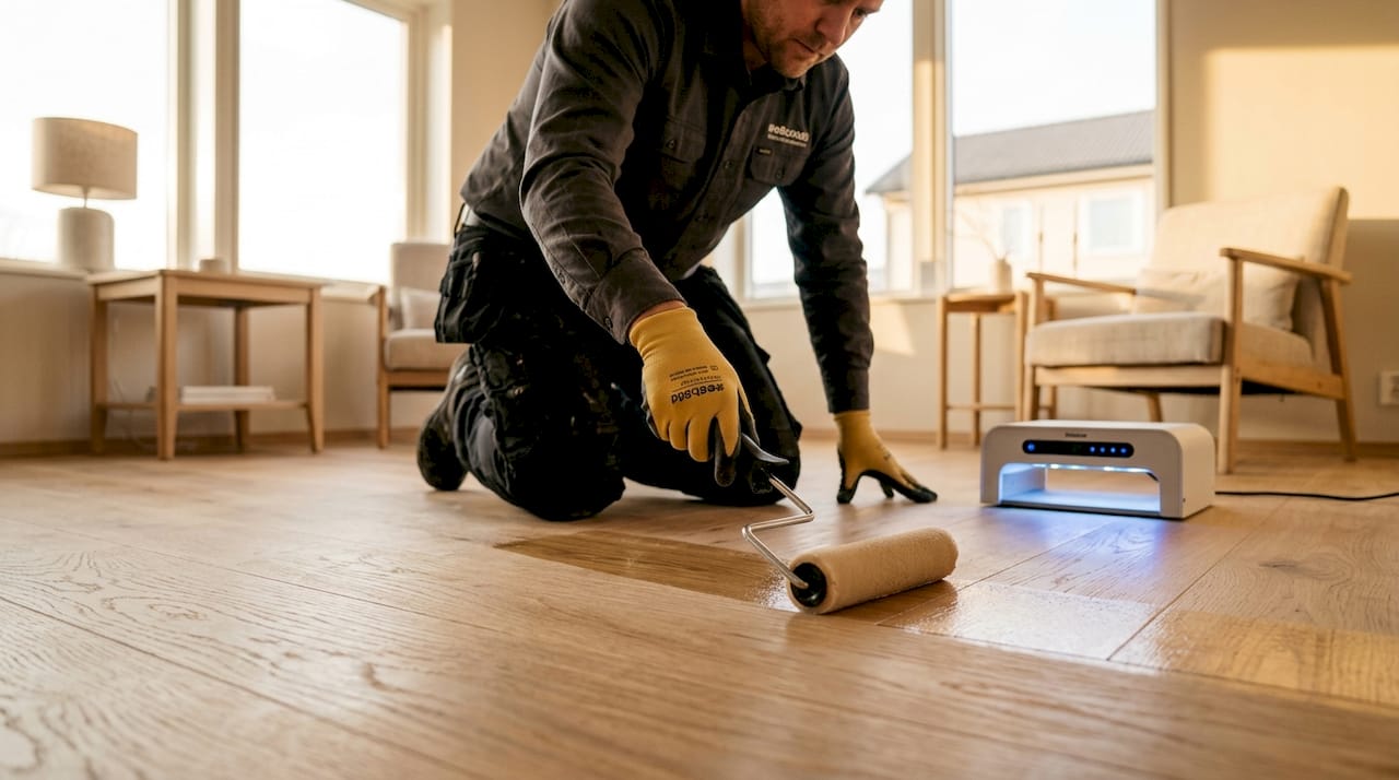 Applying UV-cure finish on hardwood floor