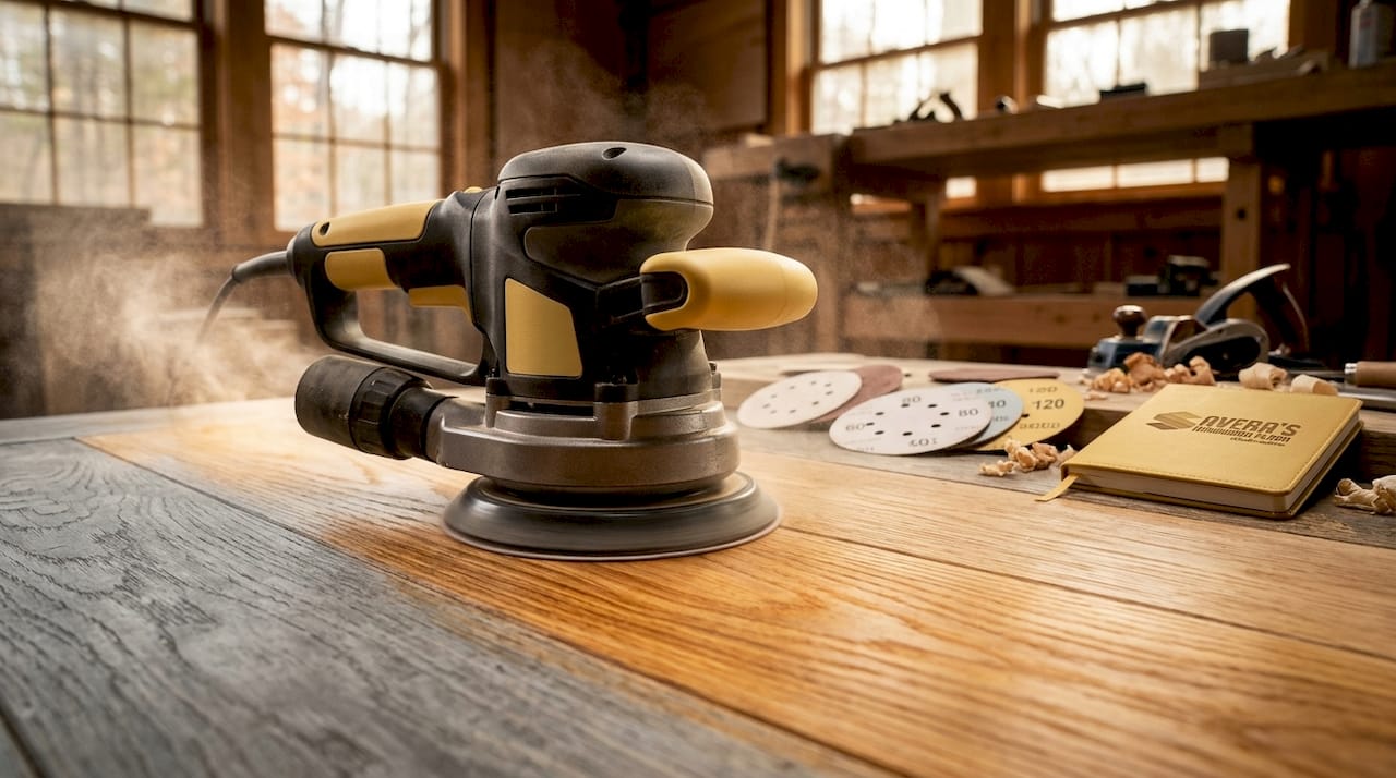 Close-up of random orbital sander on wood floor