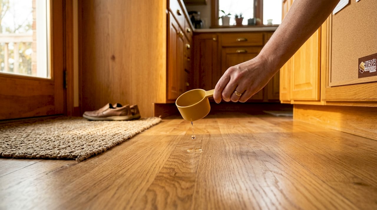 Hand performing water droplet test on hardwood floor