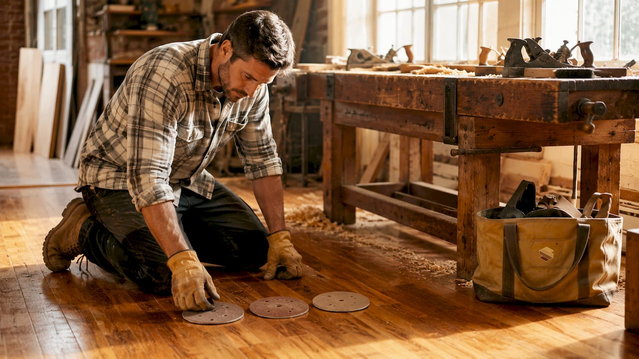 Hands showing sanding discs of different grits