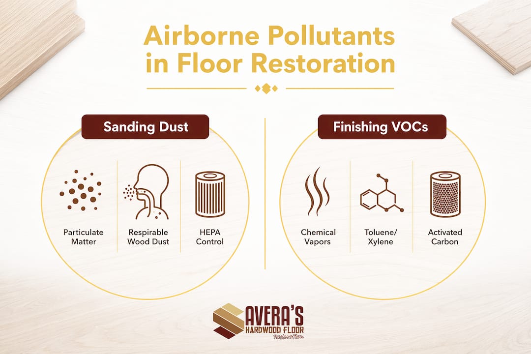 Infographic comparing sanding dust and finishing VOCs in floor restoration
