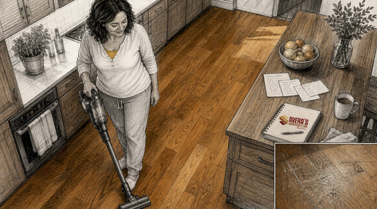 Woman vacuuming hardwood floor with HEPA vacuum