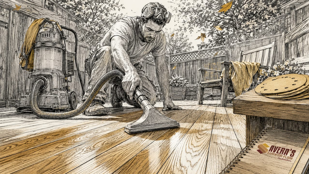 Worker vacuuming sanding dust from hardwood floor