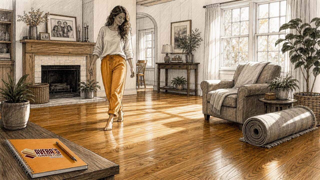 Woman walking on newly refinished hardwood floor in socks
