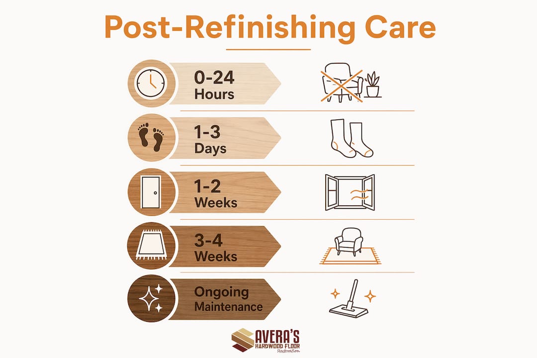 Infographic showing post-refinishing floor care timeline steps
