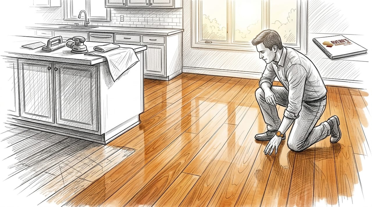 Homeowner inspecting refinished hardwood floor