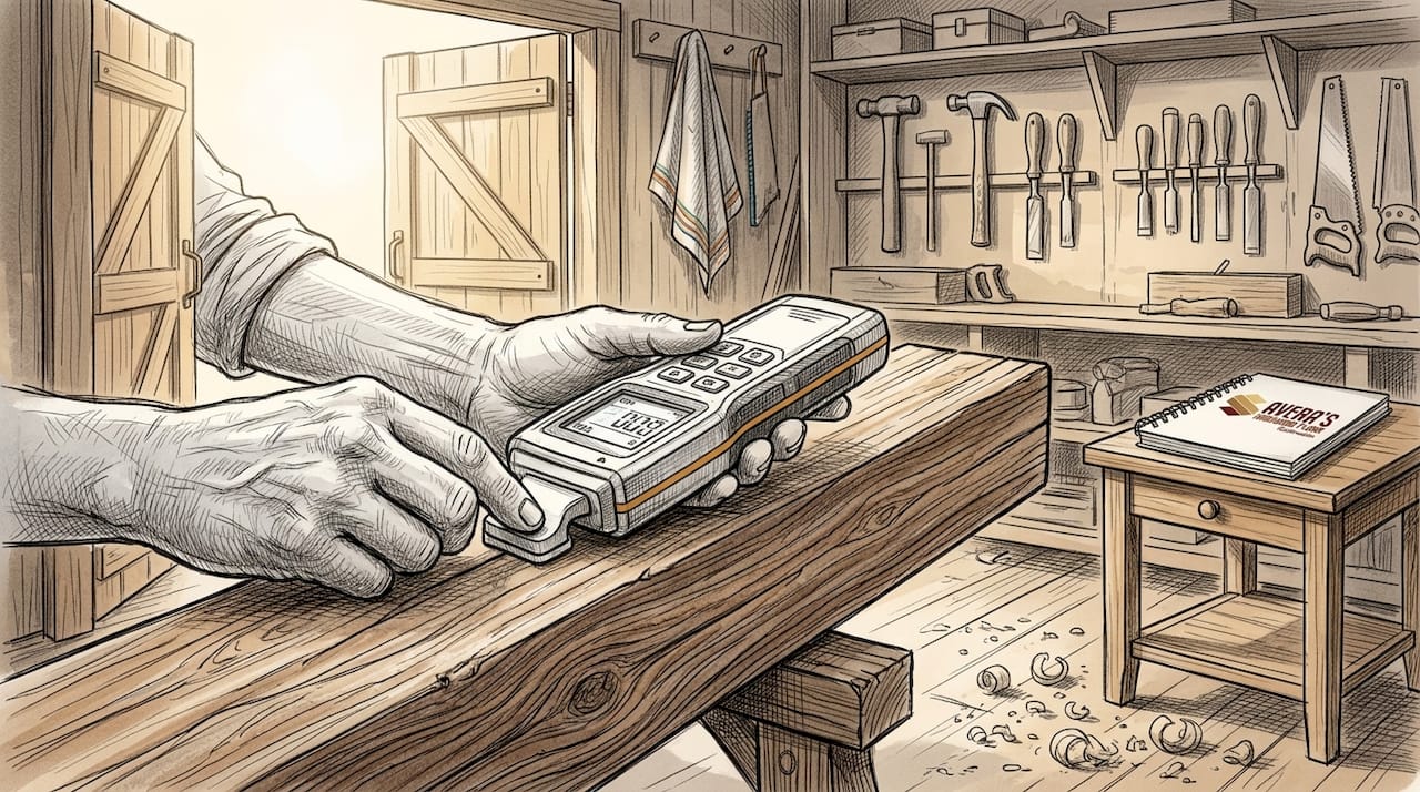 Hands measuring moisture in historic wood