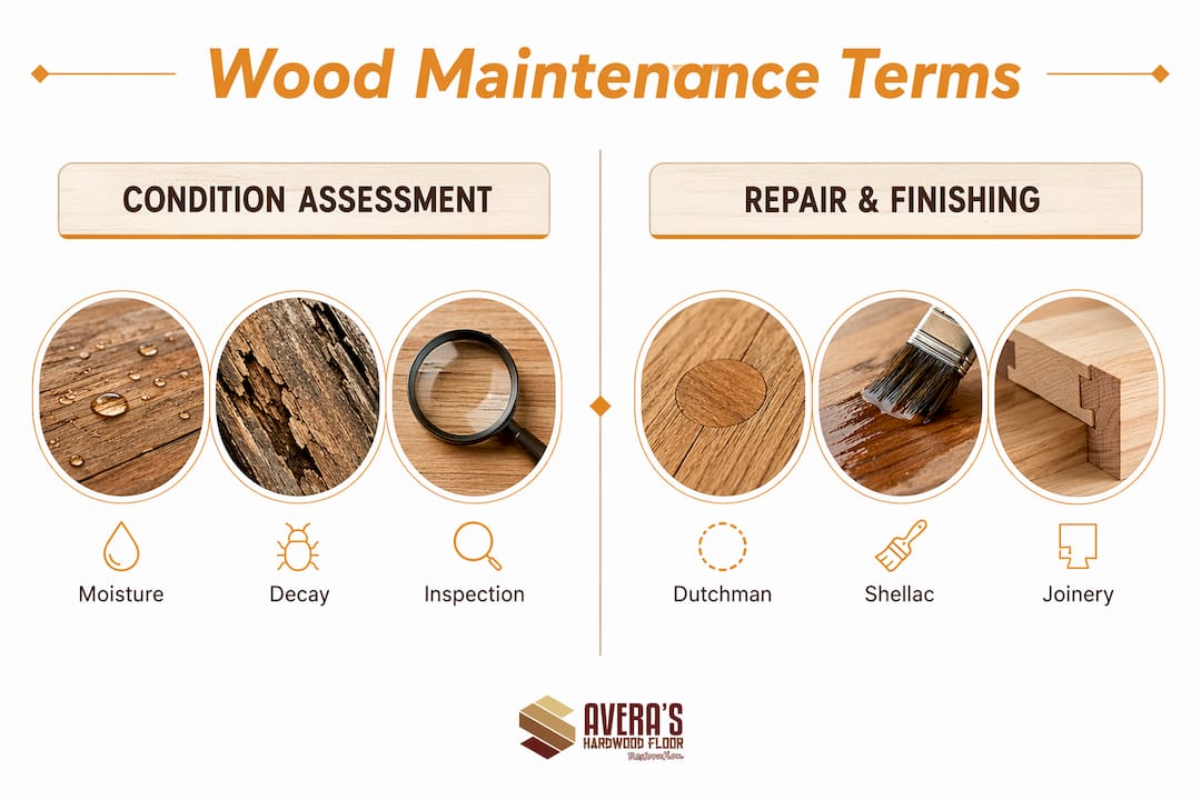 Infographic showing key wood maintenance terms split by categories