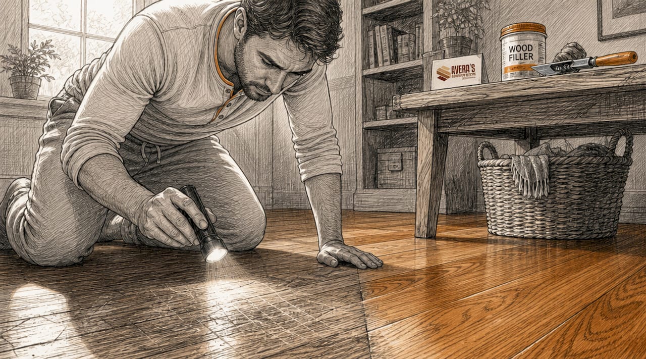 Homeowner inspecting floor scratches with flashlight