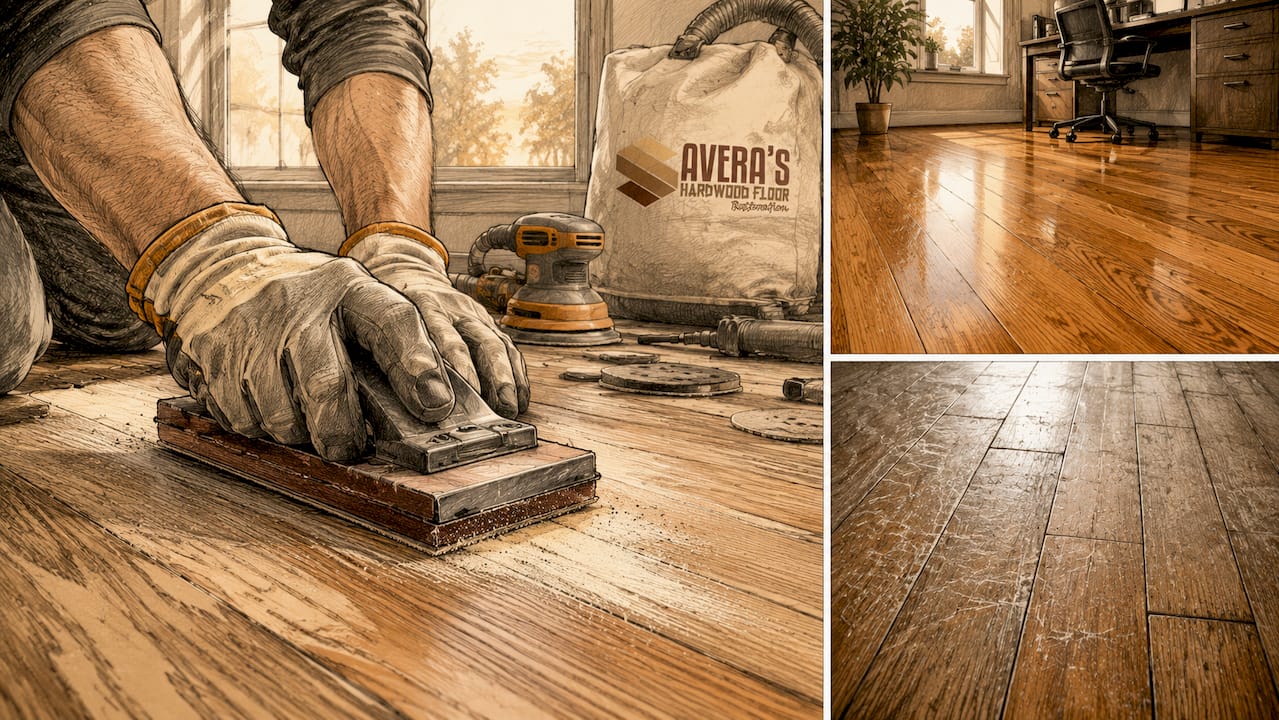 Close-up of hands sanding hardwood floor