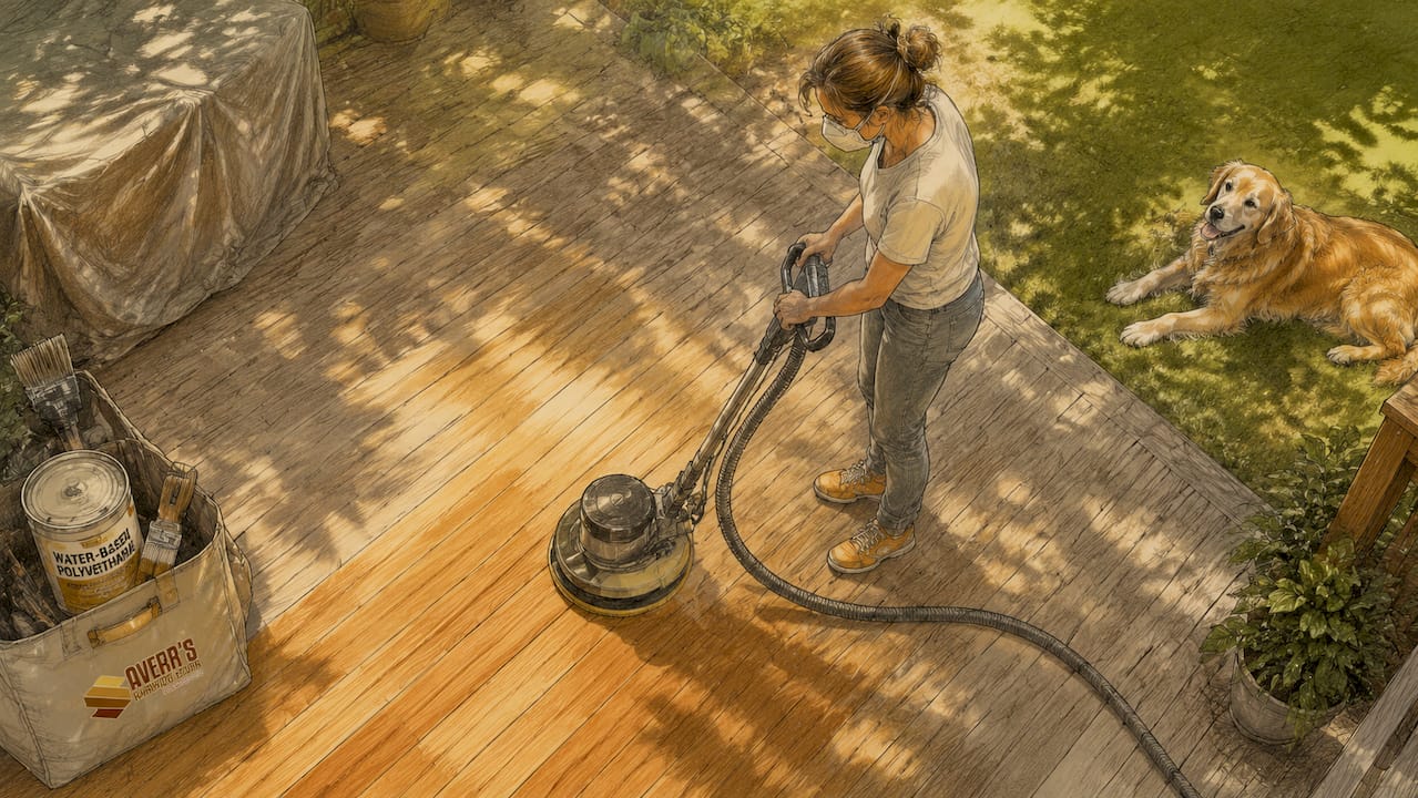 Homeowner sanding floor with dog resting safely nearby